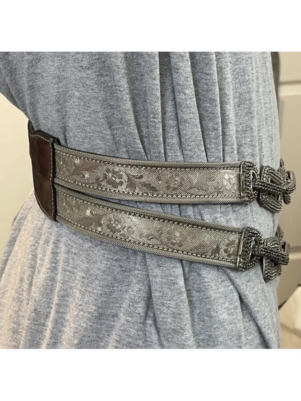 Streets Ahead Belt Vtg Silver Tone Metal Floral Mesh & Chain Links Leather 28-30